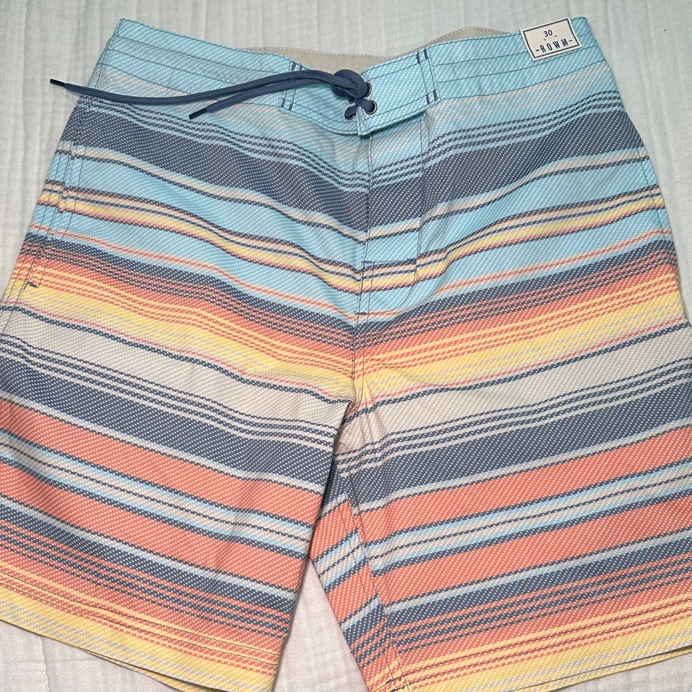 Striped Men's Swim Board Shorts in Light Blue, Coral & Yellow